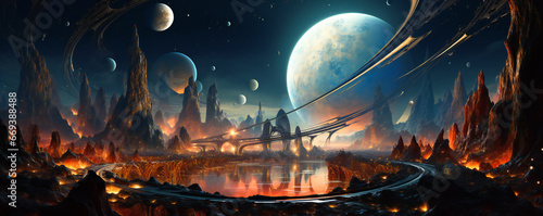 Strange alien planet landscape with giant moons or spheres floating above it