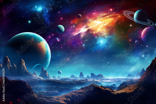 Cosmic scene with planets and galaxies in background