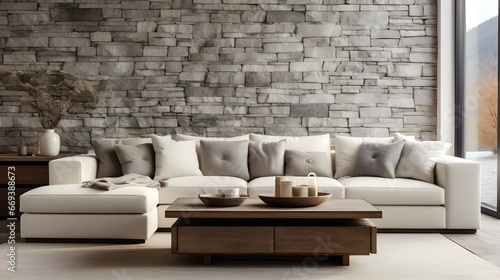 brown sofa and wooden coffee table with stones on wall against wall concept, in the style of wallpaper, 8k resolution, masonry construction, dark white and beige, rustic texture, tranquil serenity