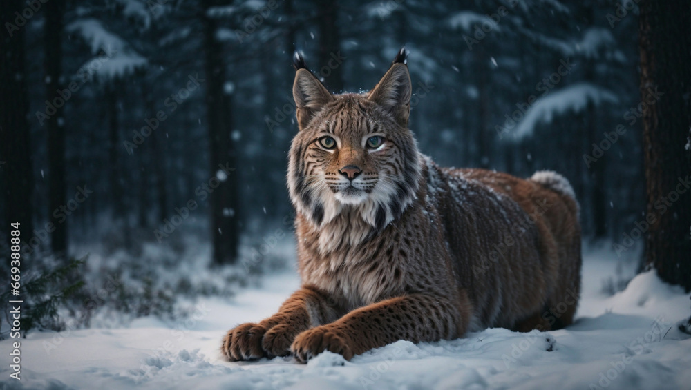 Obraz premium Bellissima lince in una foresta innevata in invero durante una nevicata