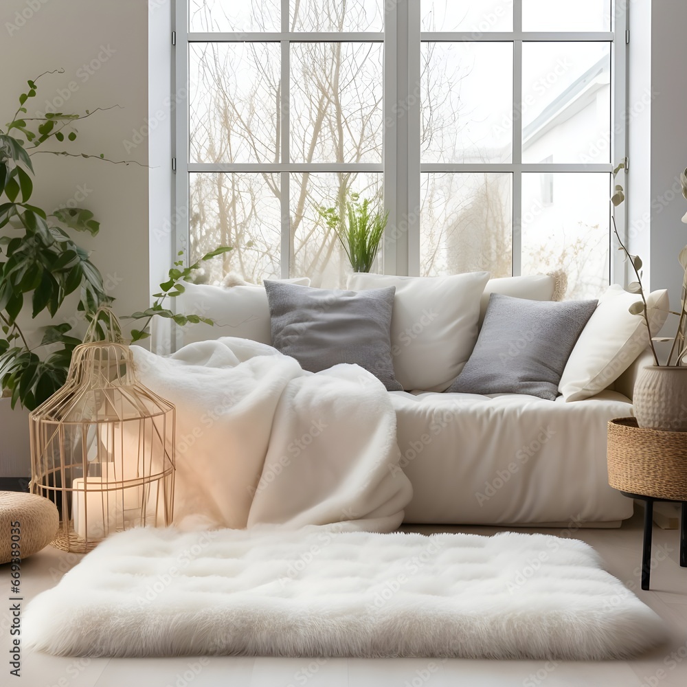 sofa in winter winter white wall with plant in front of window, in the ...