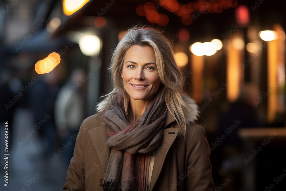 blond woman wearing coat and scarf on christmas street at night blond woman wearing coat and scarf on christmas street at night