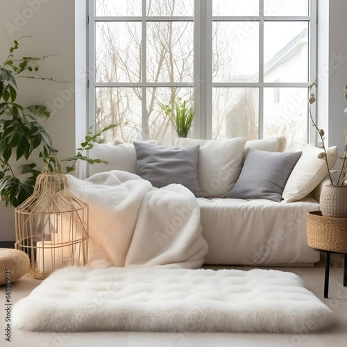 sofa in winter winter white wall with plant in front of window, in the style of earth tone color palette, solarizing master, monochromatic palettes, rug, soft edges, light gray and black