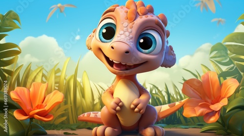 a cartoon character of a baby dinosaur with a playful expression. AI Generative © Horsi