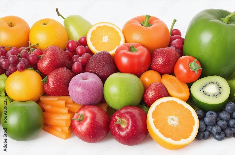 Colorful fruits and vegetables arranged creatively on a white background.Created with generative AI Colorful fruits and vegetables arranged creatively on a white background.Created with generative AI