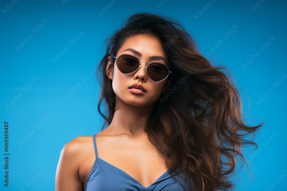 Studio portrait of beautiful asian woman wearing sunglasses on different colour background Studio portrait of beautiful asian woman wearing sunglasses on different colour background