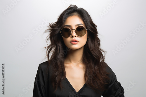 Studio portrait of beautiful asian woman wearing sunglasses on different colour background