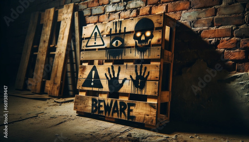 A rustic wooden pallet leaning against an old brick wall. The pallet has several hand-drawn warning signs - Generative AI