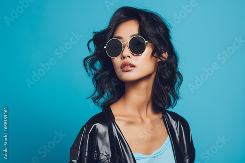 Studio portrait of beautiful asian woman wearing sunglasses on different colour background