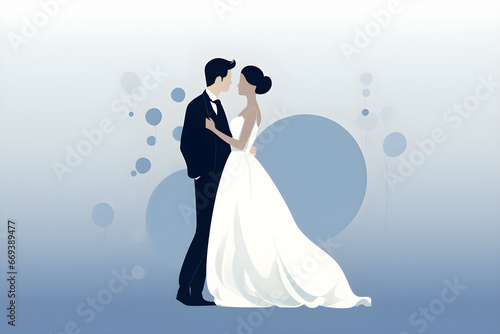 minimalist illustration of happy bride and groom on blue background