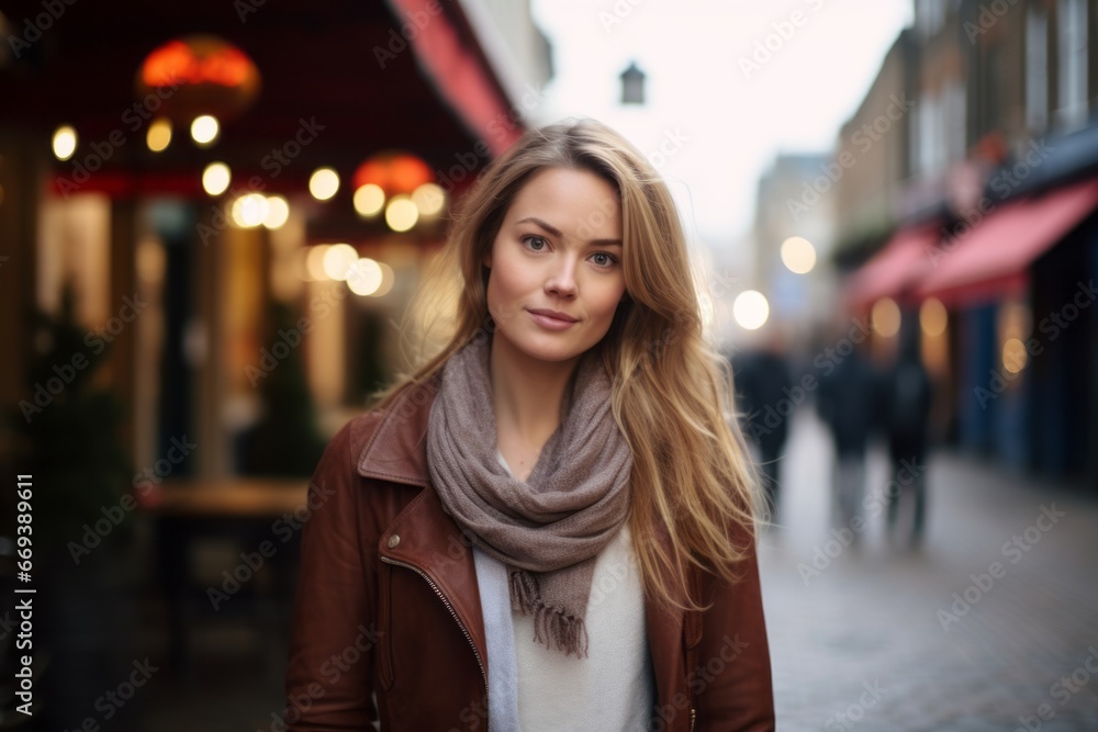 Outdoor portrait of beautiful young woman with long blond hair, wearing brown jacket, scarf and scarf, looking at camera.