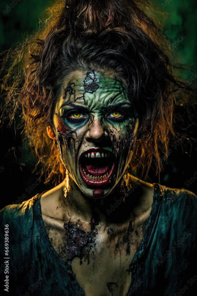 Scary zombie with bloody face outdoors, closeup. Halloween monster, ai generative