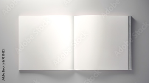 Open white book on a white background, top view.