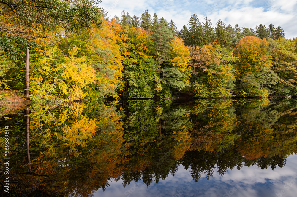 Autumn Trees Reflecting On Lake scenic view of colorful