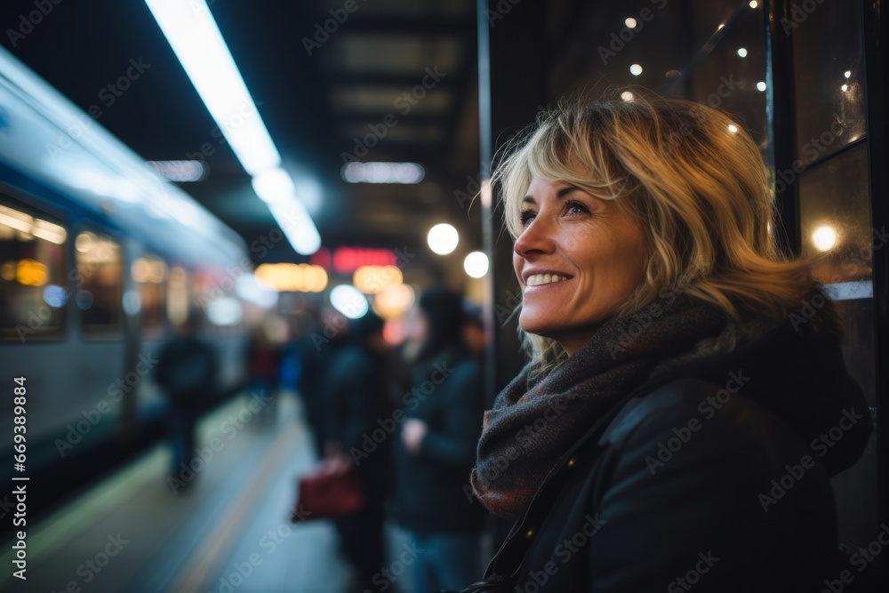 Portrait of a woman on a train station in the evening.