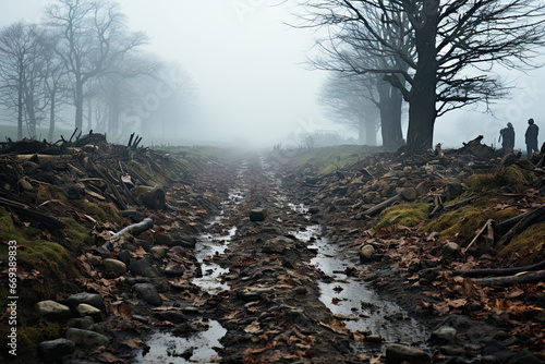 a muddy path in the woods on a foggy day, with trees and water running through it to the ground