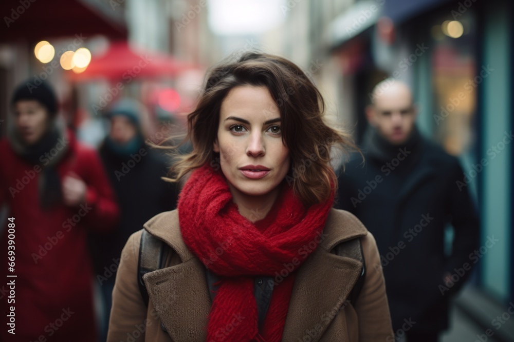 Portrait of a beautiful woman in a coat and red scarf on the street Portrait of a beautiful woman in a coat and red scarf on the street