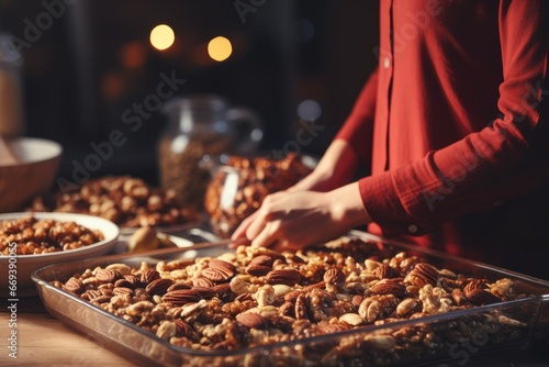Woman making granola bars with nuts tray. Female tasty recipe calorie. Generate Ai