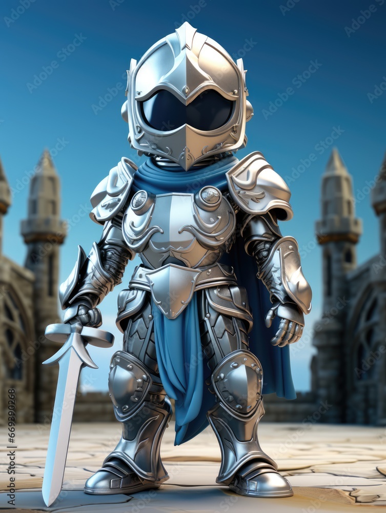 A cartoon character design of a little brave knight with a shiny silver armor, a sword, and a shield. AI Generative A cartoon character design of a little brave knight with a shiny silver armor, a sword, and a shield. AI Generative