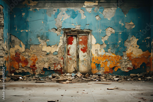 an old room with peeling paint on the walls and flooring debris scattered all over the entire wallpapers