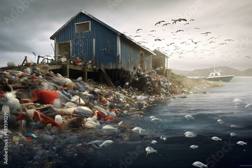 Herring school endangered by ocean plastic pollution with microplastic particles. Generative AI