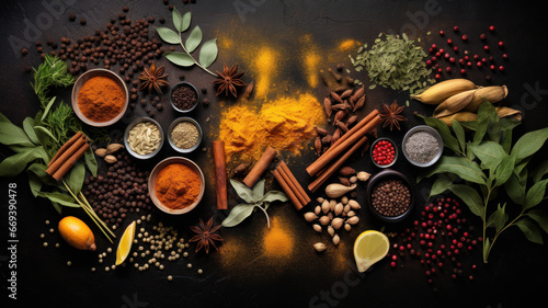 Top view of various Indian spices and seasonings on a table photo