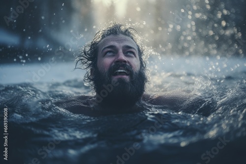 Man immersing in icy water and smiling on winter day. Frigid aqua cool celebration. Generate Ai © nsit0108