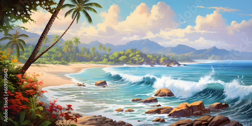 painting of the tropical beach landscape, a picturesque natural environment in harmonious colours photo