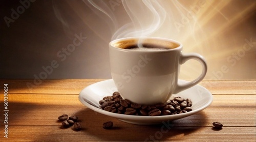 Hot coffee against sunbeams background with space for text, background image, AI generated
