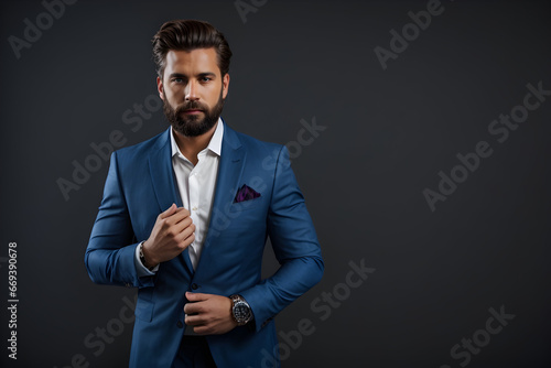 one young man elegant suit, handsome, good looking, looking at camera, black background, suit jacket shirt tie