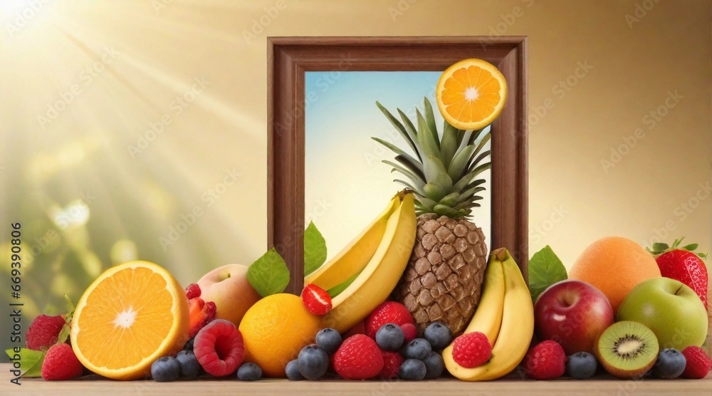 A frame made of fresh fruits against sunbeams background, background image, AI generated