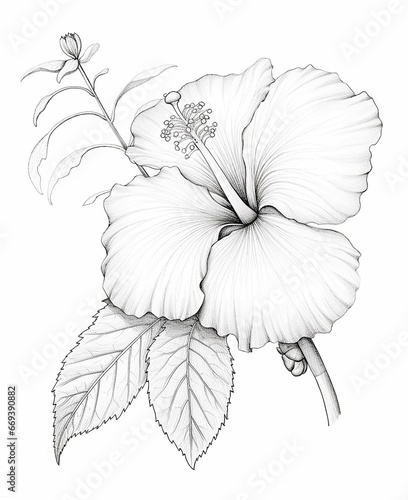 Coloring book for seniors  a blossom of Hibiscus  sketch style  low detail  thick lines  fine line art  simple  with color