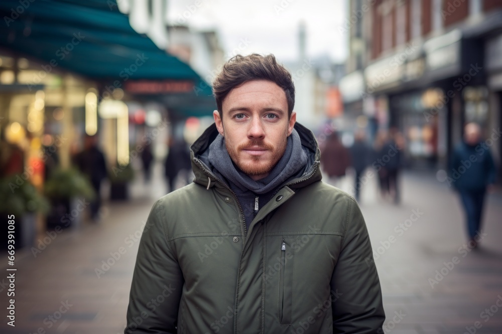 Handsome young man in a winter jacket on a city street Handsome young man in a winter jacket on a city street