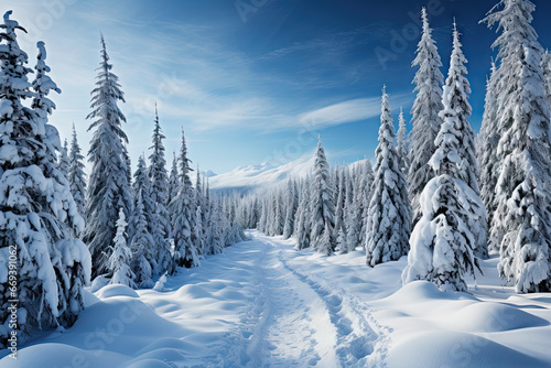snow covered trees in the middle of a snowy forest with blue sky and white fluffy clouds above them all around