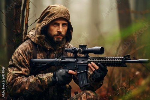 Man wearing camouflage and aiming with hunting rifle game. Hunter in after rain forest. Generate Ai