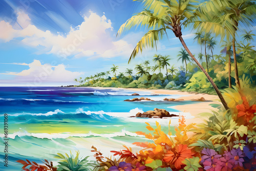 colourful impressionistic painting of the tropical beach landscape