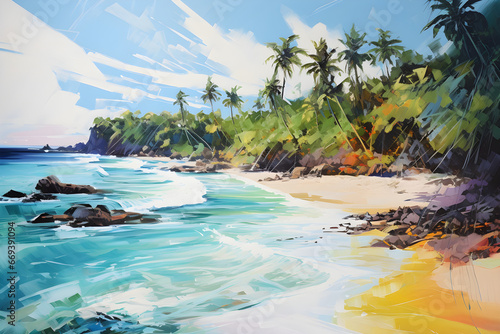 colourful impressionistic painting of the tropical beach landscape