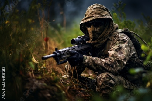 Man wearing camouflage and aiming with modern hunting rifle. Masculine shot ammo game. Generate Ai