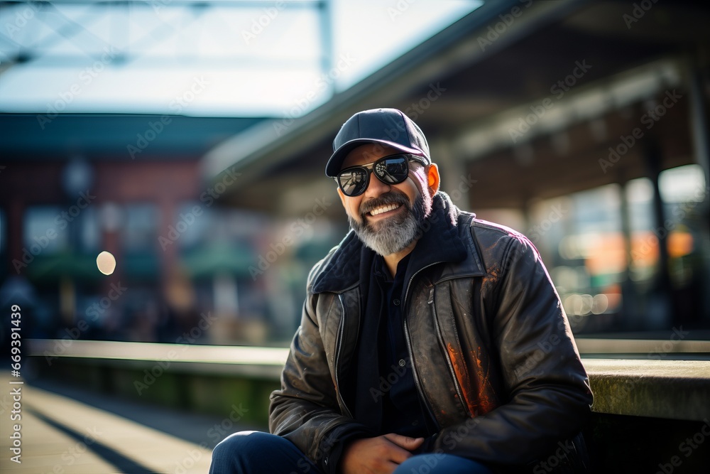 Portrait of a handsome mature man with beard and mustache wearing leather jacket, sunglasses and cap sitting on a bench in the city. Portrait of a handsome mature man with beard and mustache wearing leather jacket, sunglasses and cap sitting on a bench in the city.