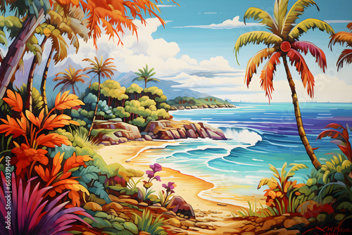 colourful cartoon painting of the tropical beach landscape © sam