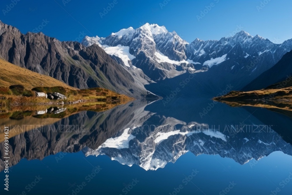 Majestic mountains mirrored in calm lake. Generative AI