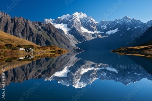 Majestic mountains mirrored in calm lake. Generative AI © Keanu
