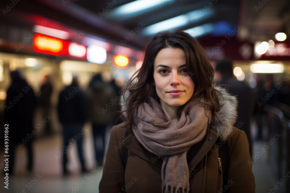 Portrait of a young woman in a subway station at night.