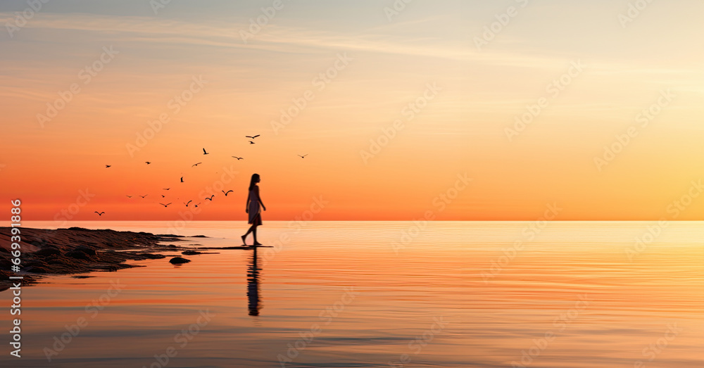 someone walking in the lake at the sunset