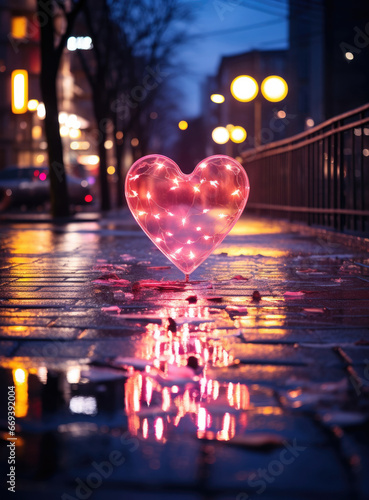 Neon heart shape symbol on the city street at night