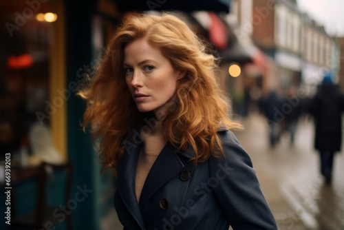Portrait of a beautiful red-haired girl in a blue coat.