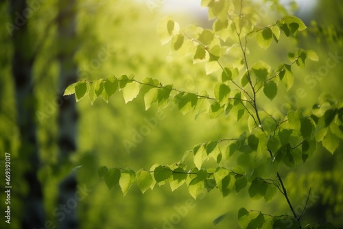 Scenic green birch tree leaves in a springtime nature scene. Generative AI