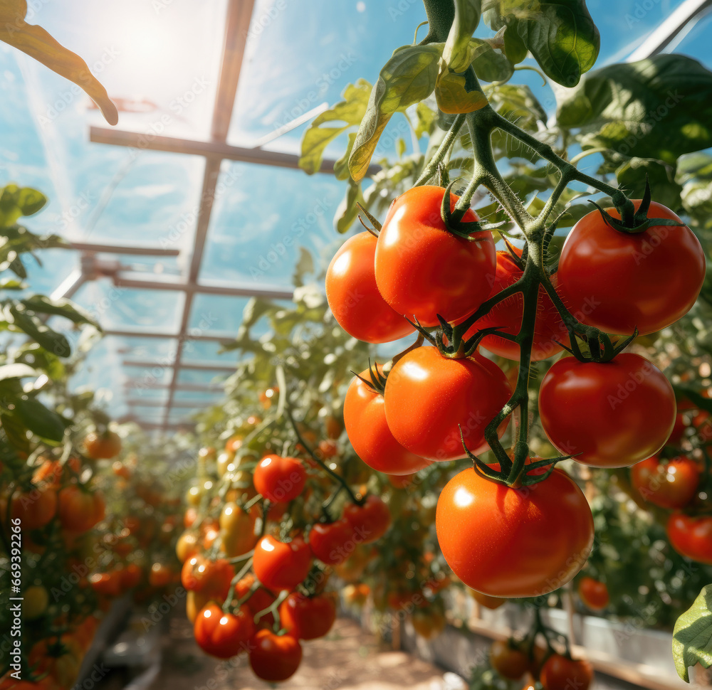 Red tomatoes ripen in the greenhouse and hang on the vine.
