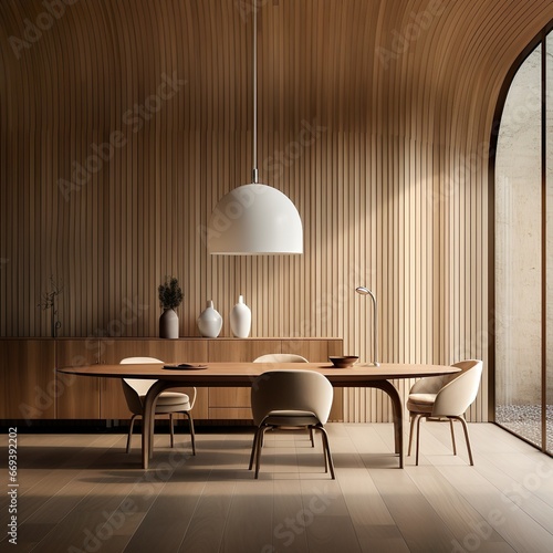 Minimalist interior design of modern dining room with abstract wood paneling arched wall. - Generative AI
