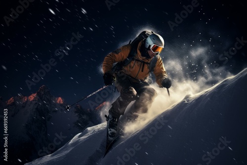 Midnight skiing in mountains. Sport male resort human vacation. Generate Ai